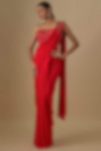 Red Georgette Sequins Hand Embroidered Pre-Draped Wedding Saree Set by Yoshita Couture at Pernia's Pop Up Shop