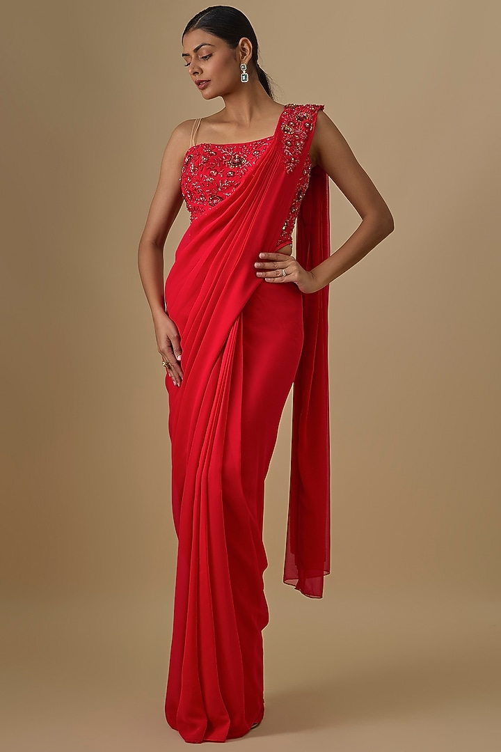 Red Georgette Sequins Hand Embroidered Pre-Draped Wedding Saree Set by Yoshita Couture at Pernia's Pop Up Shop