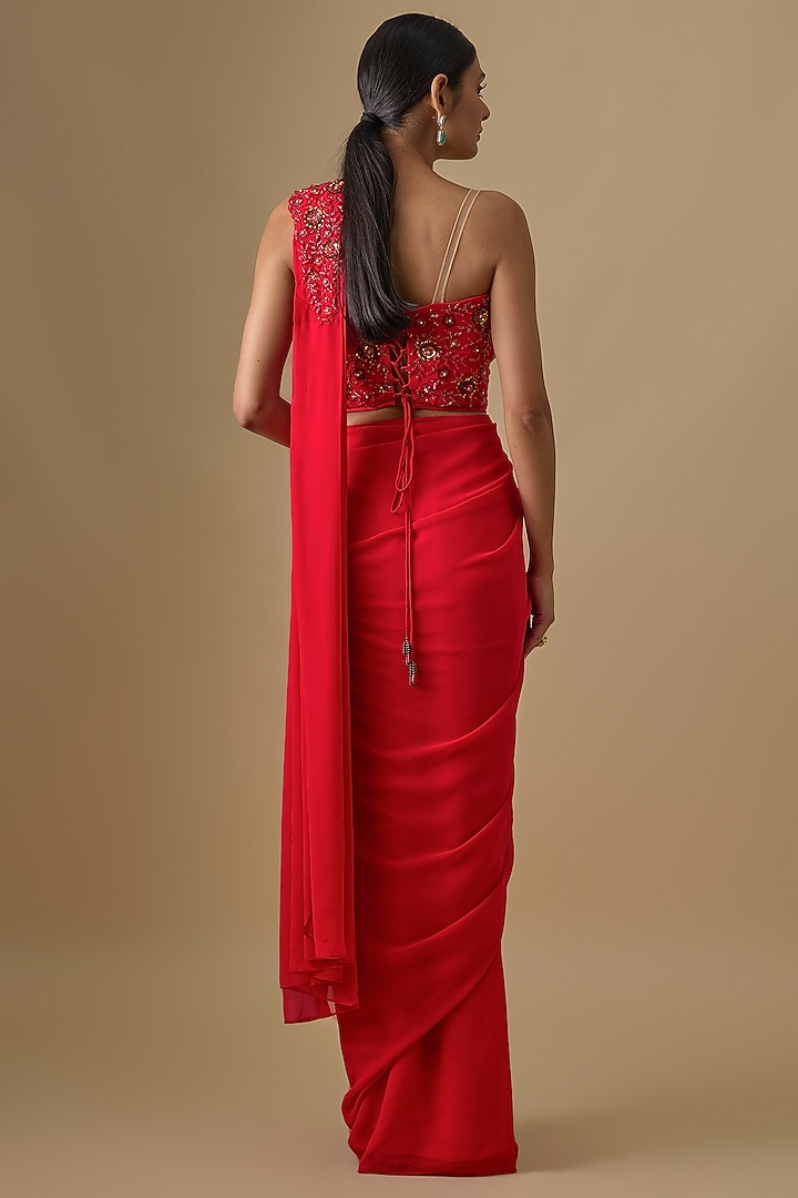 Red Georgette Sequins Hand Embroidered Pre-Draped Wedding Saree Set by Yoshita Couture at Pernia's Pop Up Shop