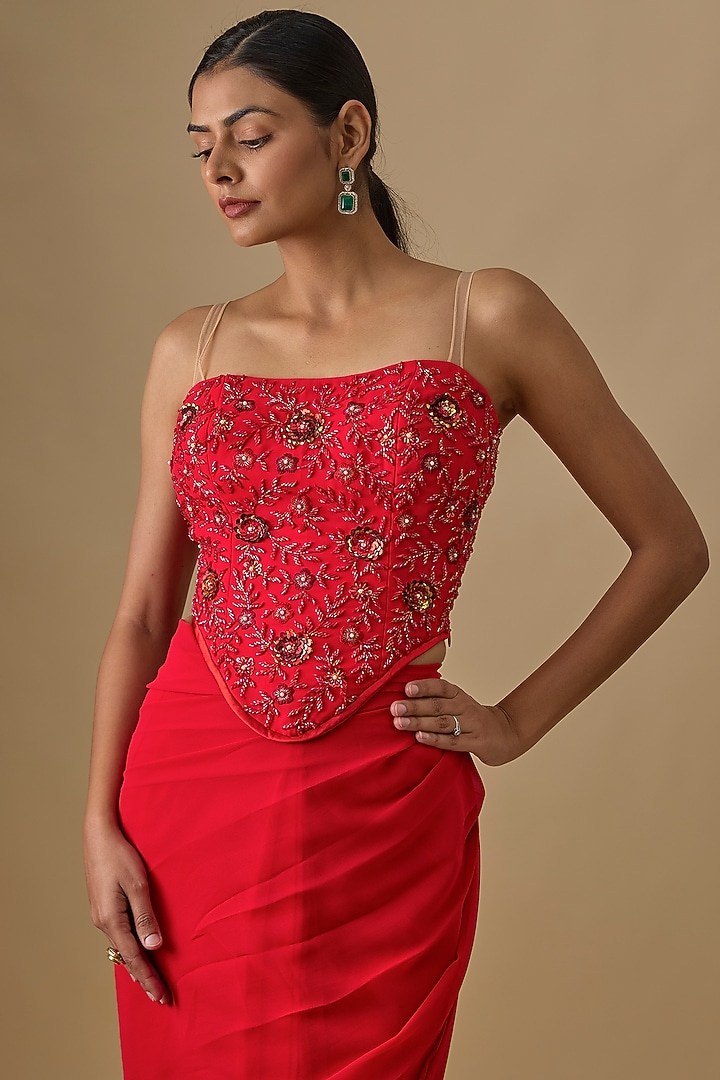 Red Georgette Sequins Hand Embroidered Pre-Draped Wedding Saree Set by Yoshita Couture at Pernia's Pop Up Shop
