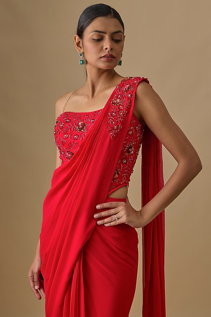 Red Georgette Sequins Hand Embroidered Pre-Draped Wedding Saree Set by Yoshita Couture at Pernia's Pop Up Shop