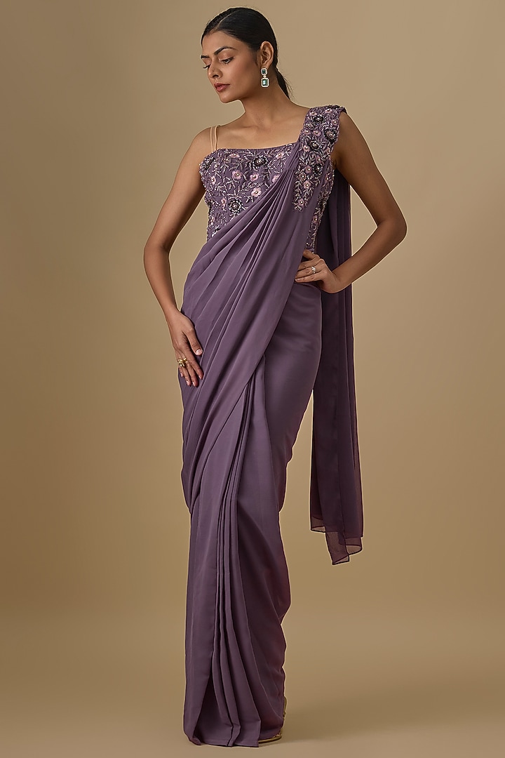 Purple Georgette Sequins Hand Embroidered Pre-Draped Wedding Saree Set by Yoshita Couture at Pernia's Pop Up Shop
