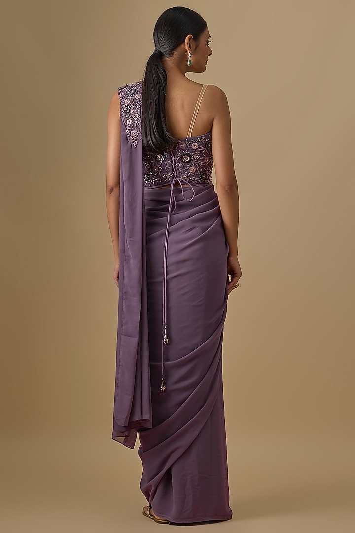 Purple Georgette Sequins Hand Embroidered Pre-Draped Wedding Saree Set by Yoshita Couture at Pernia's Pop Up Shop