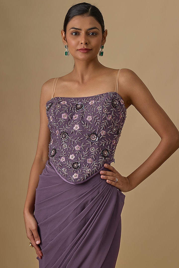 Purple Georgette Sequins Hand Embroidered Pre-Draped Wedding Saree Set by Yoshita Couture at Pernia's Pop Up Shop
