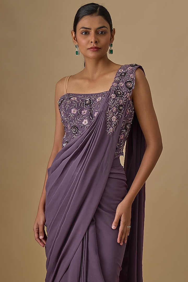 Purple Georgette Sequins Hand Embroidered Pre-Draped Wedding Saree Set by Yoshita Couture at Pernia's Pop Up Shop