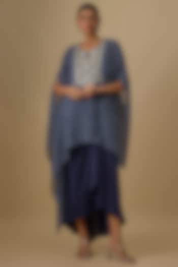 Navy Blue Georgette Leheriya Printed & Mirror Work Kaftan Set by Yoshita Couture at Pernia's Pop Up Shop