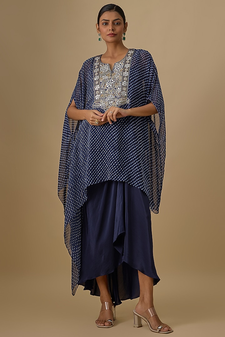 Navy Blue Georgette Leheriya Printed & Mirror Work Kaftan Set by Yoshita Couture at Pernia's Pop Up Shop