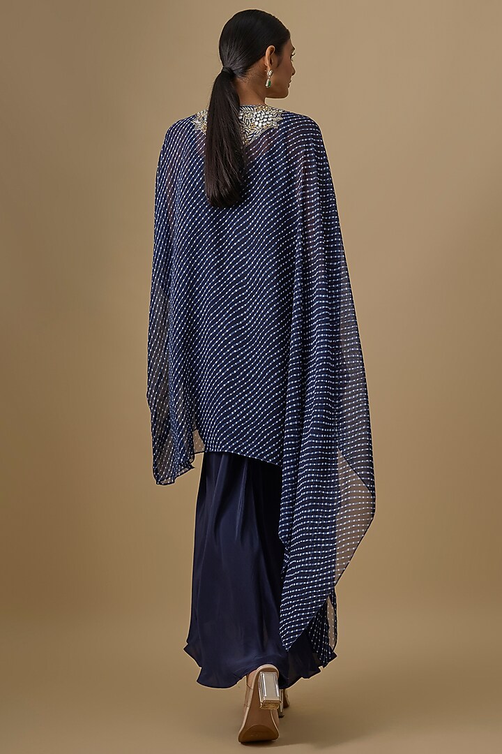 Navy Blue Georgette Leheriya Printed & Mirror Work Kaftan Set by Yoshita Couture at Pernia's Pop Up Shop