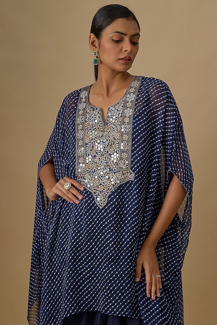 Navy Blue Georgette Leheriya Printed & Mirror Work Kaftan Set by Yoshita Couture at Pernia's Pop Up Shop