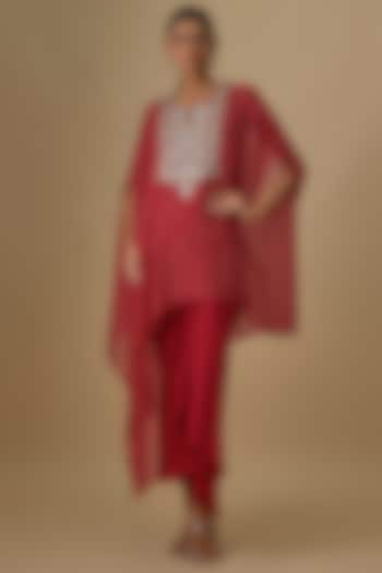 Red Georgette Leheriya Printed & Mirror Work Kaftan Set by Yoshita Couture at Pernia's Pop Up Shop