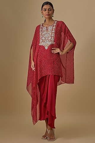 Red Georgette Leheriya Printed & Mirror Work Kaftan Set by Yoshita Couture
