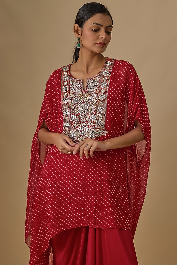 Red Georgette Leheriya Printed & Mirror Work Kaftan Set by Yoshita Couture at Pernia's Pop Up Shop