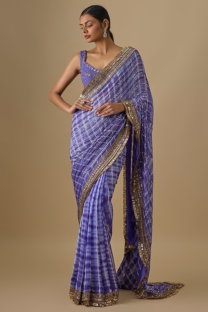 Ink Blue Georgette Sequins Hand Embroidered Tie-Dye Wedding Saree Set by Yoshita Couture at Pernia's Pop Up Shop