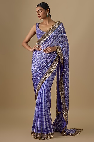 Ink Blue Georgette Sequins Hand Embroidered Tie-Dye Saree Set by Yoshita Couture