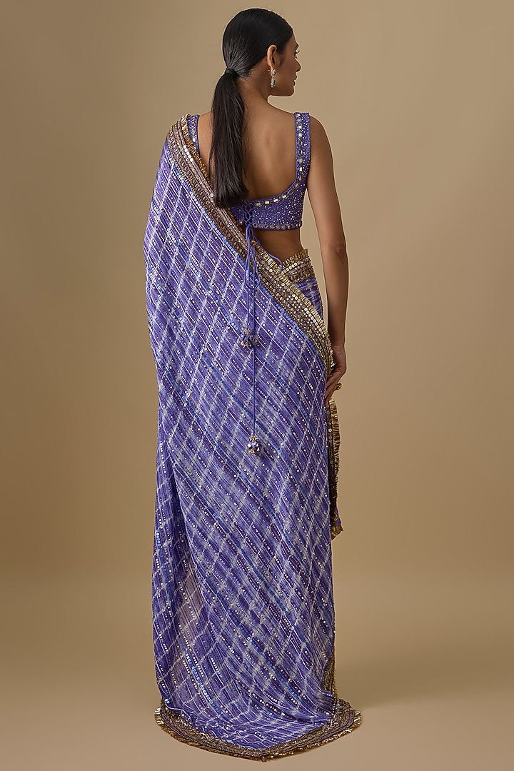 Ink Blue Georgette Sequins Hand Embroidered Tie-Dye Wedding Saree Set by Yoshita Couture at Pernia's Pop Up Shop