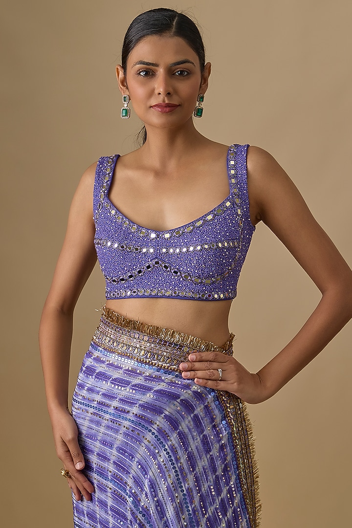 Ink Blue Georgette Sequins Hand Embroidered Tie-Dye Wedding Saree Set by Yoshita Couture at Pernia's Pop Up Shop