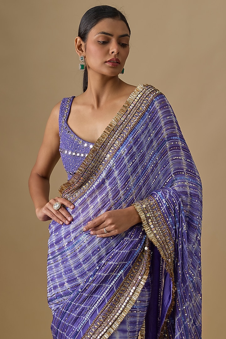 Ink Blue Georgette Sequins Hand Embroidered Tie-Dye Wedding Saree Set by Yoshita Couture at Pernia's Pop Up Shop