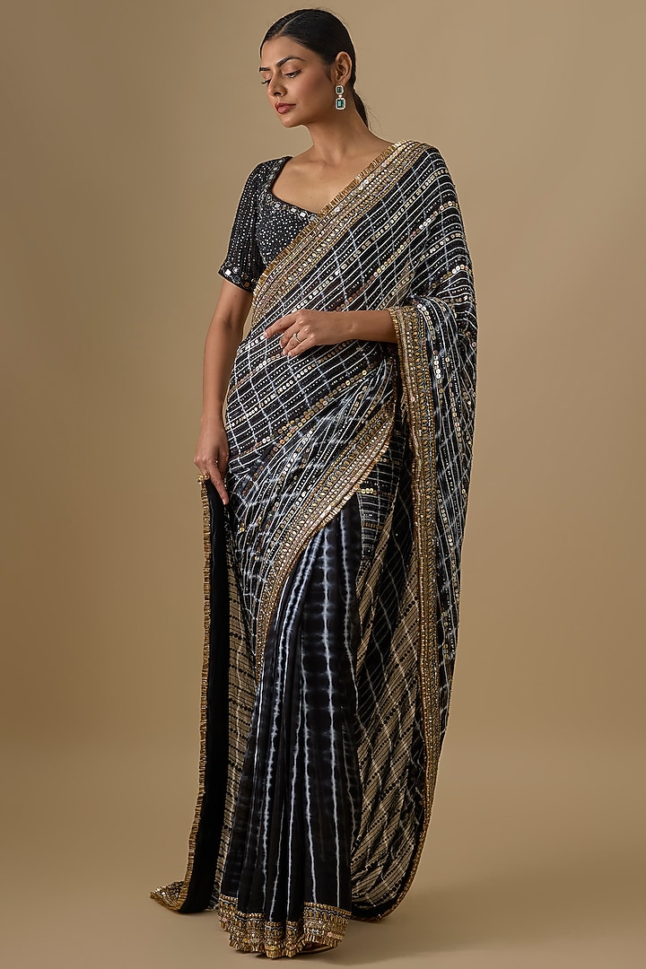 Black Georgette Sequins Hand Embroidered Tie-Dye Wedding Saree Set by Yoshita Couture at Pernia's Pop Up Shop