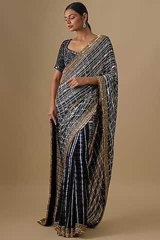 Black Georgette Sequins Hand Embroidered Tie-Dye Saree Set by Yoshita Couture