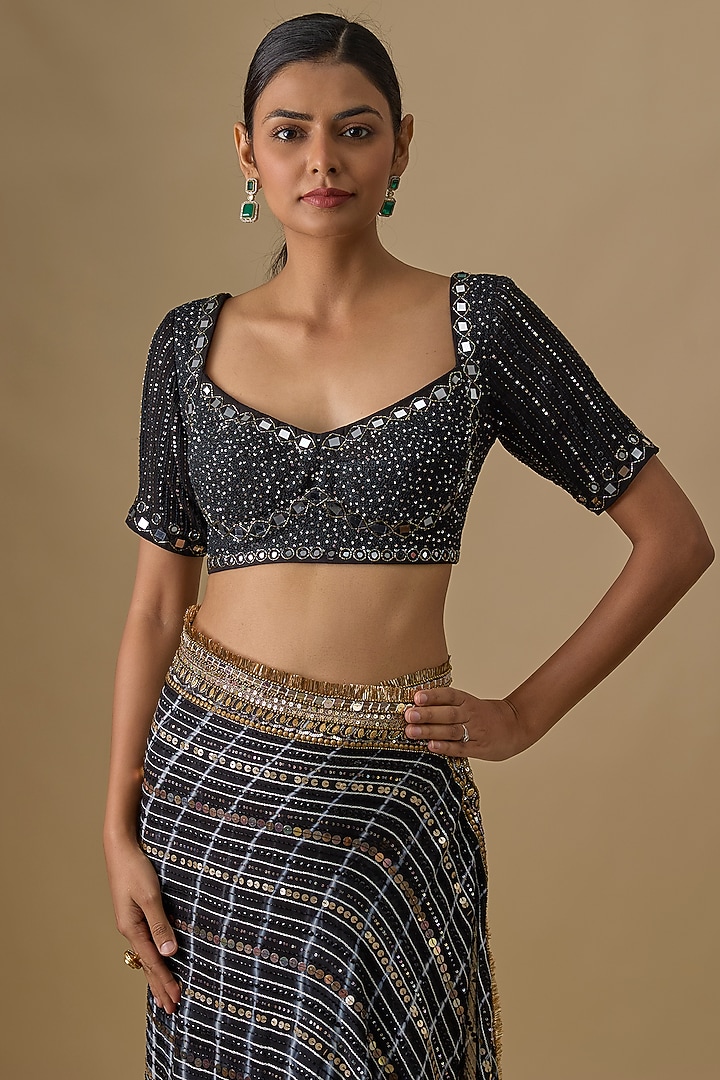 Black Georgette Sequins Hand Embroidered Tie-Dye Wedding Saree Set by Yoshita Couture at Pernia's Pop Up Shop