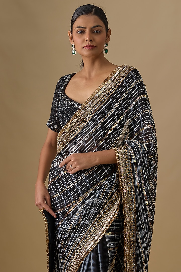 Black Georgette Sequins Hand Embroidered Tie-Dye Wedding Saree Set by Yoshita Couture at Pernia's Pop Up Shop