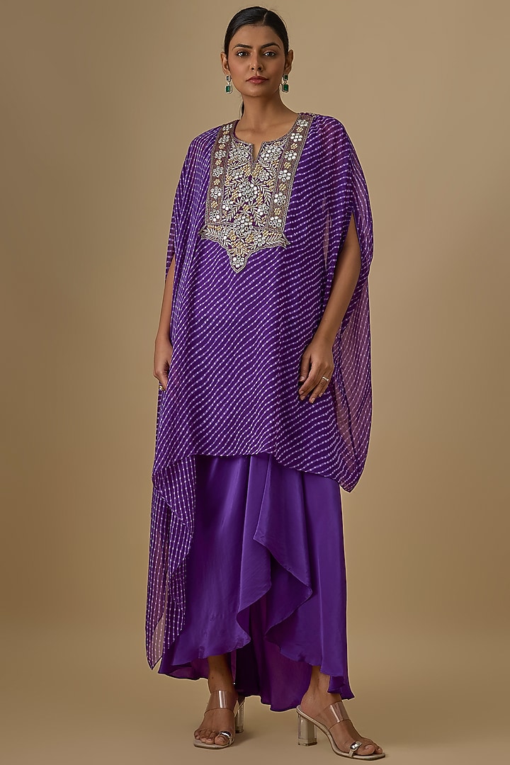 Purple Georgette Leheriya Printed & Mirror Work Kaftan Set by Yoshita Couture at Pernia's Pop Up Shop