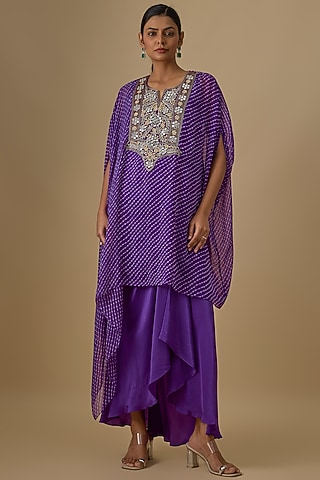Purple Georgette Leheriya Printed & Mirror Work Kaftan Set by Yoshita Couture