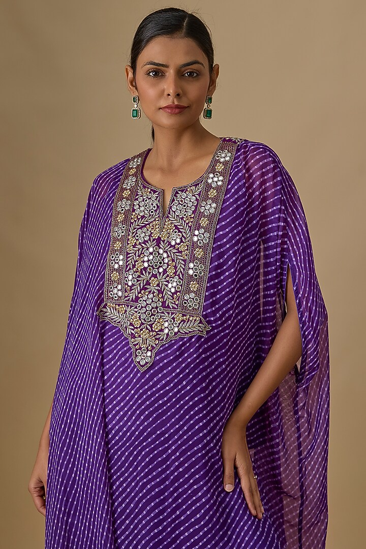 Purple Georgette Leheriya Printed & Mirror Work Kaftan Set by Yoshita Couture at Pernia's Pop Up Shop