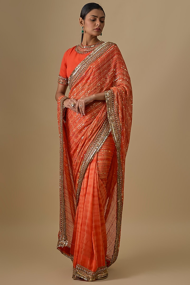 Orange Georgette Sequins Hand Embroidered Tie-Dye Wedding Saree Set by Yoshita Couture at Pernia's Pop Up Shop