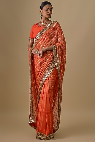 Orange Georgette Sequins Hand Embroidered Tie-Dye Saree Set by Yoshita Couture