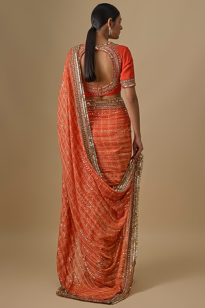 Orange Georgette Sequins Hand Embroidered Tie-Dye Wedding Saree Set by Yoshita Couture at Pernia's Pop Up Shop