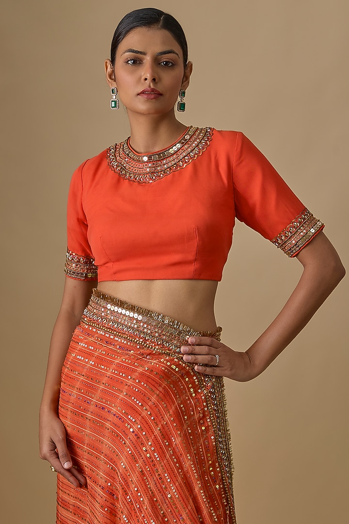 Orange Georgette Sequins Hand Embroidered Tie-Dye Wedding Saree Set by Yoshita Couture at Pernia's Pop Up Shop