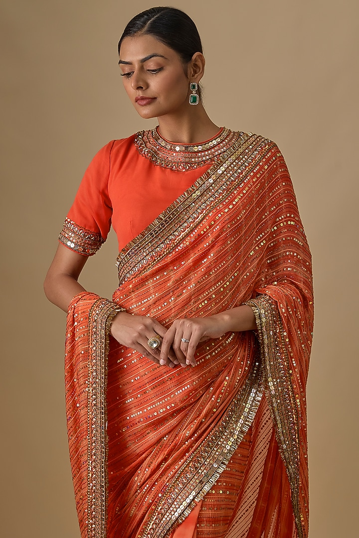 Orange Georgette Sequins Hand Embroidered Tie-Dye Wedding Saree Set by Yoshita Couture at Pernia's Pop Up Shop
