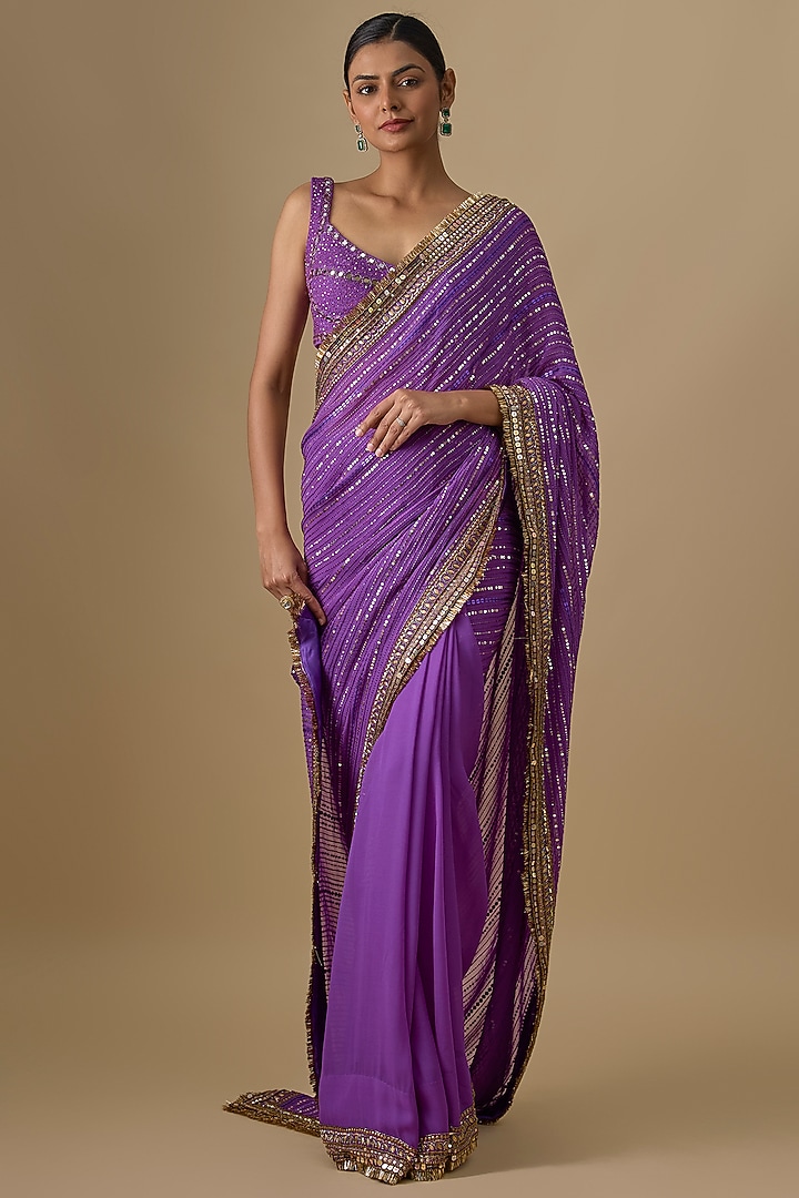 Purple Georgette Sequins Embroidered Wedding Saree Set by Yoshita Couture at Pernia's Pop Up Shop