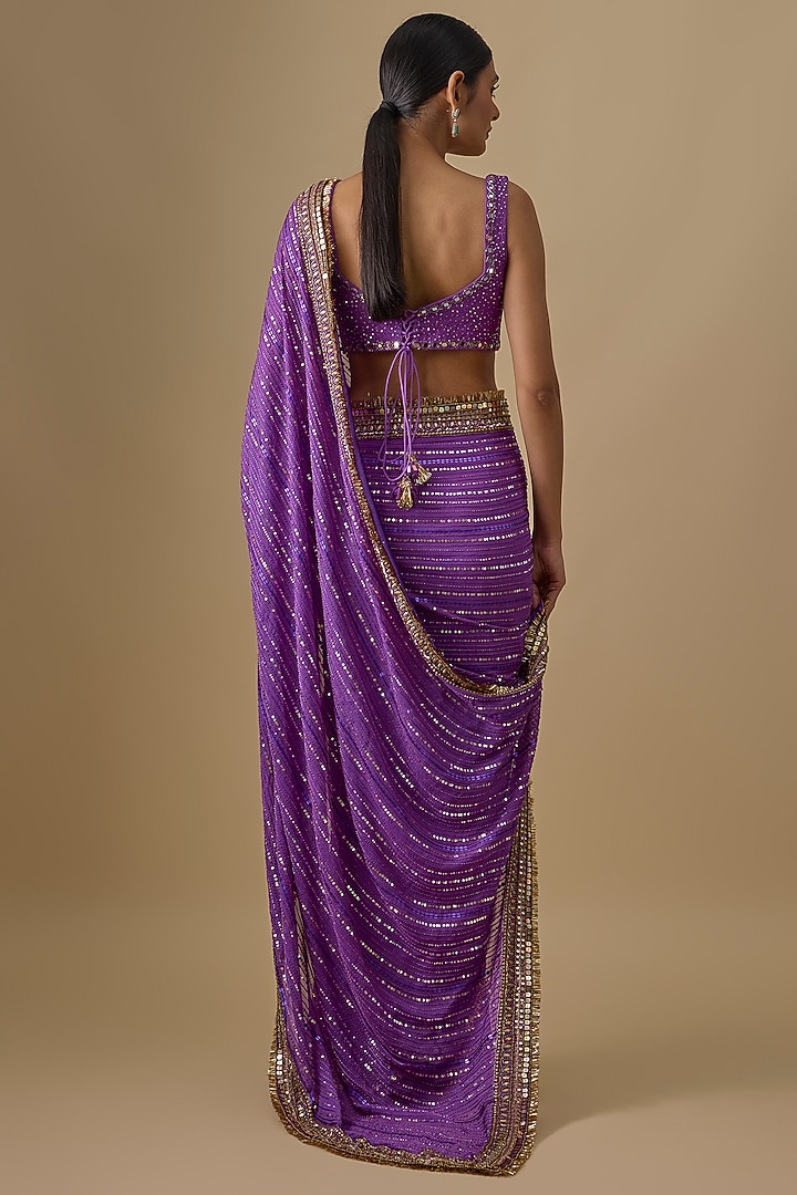 Purple Georgette Sequins Embroidered Wedding Saree Set by Yoshita Couture at Pernia's Pop Up Shop
