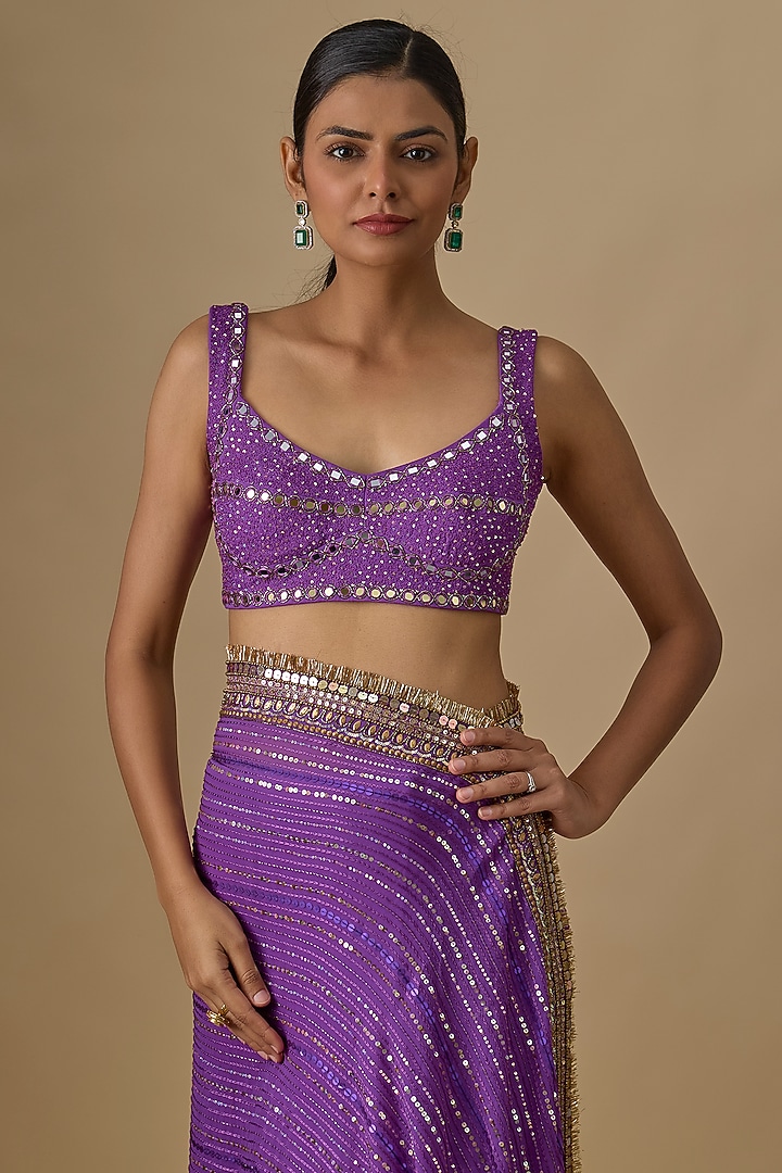 Purple Georgette Sequins Embroidered Wedding Saree Set by Yoshita Couture at Pernia's Pop Up Shop