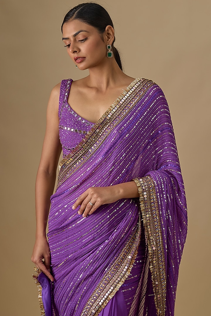 Purple Georgette Sequins Embroidered Wedding Saree Set by Yoshita Couture at Pernia's Pop Up Shop