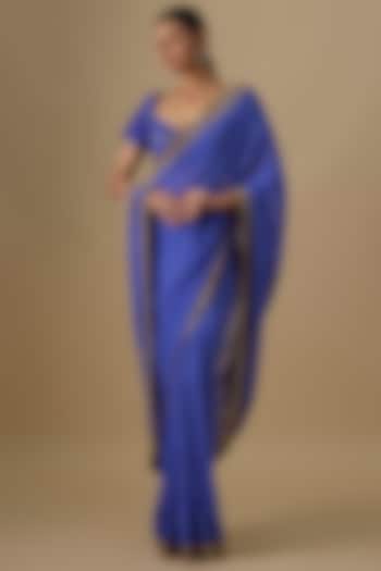 Ink Blue Georgette Sequins Hand Embroidered & Leheriya Printed Wedding Saree Set by Yoshita Couture at Pernia's Pop Up Shop