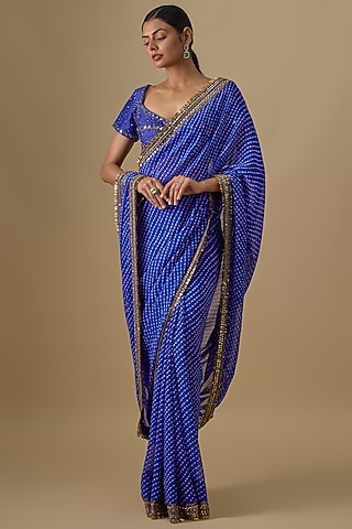Ink Blue Georgette Sequins Hand Embroidered & Leheriya Printed Saree Set by Yoshita Couture