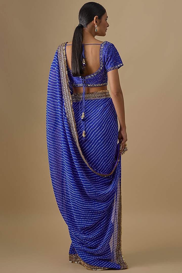 Ink Blue Georgette Sequins Hand Embroidered & Leheriya Printed Wedding Saree Set by Yoshita Couture at Pernia's Pop Up Shop