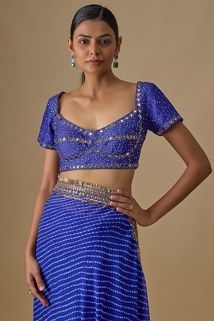 Ink Blue Georgette Sequins Hand Embroidered & Leheriya Printed Wedding Saree Set by Yoshita Couture at Pernia's Pop Up Shop