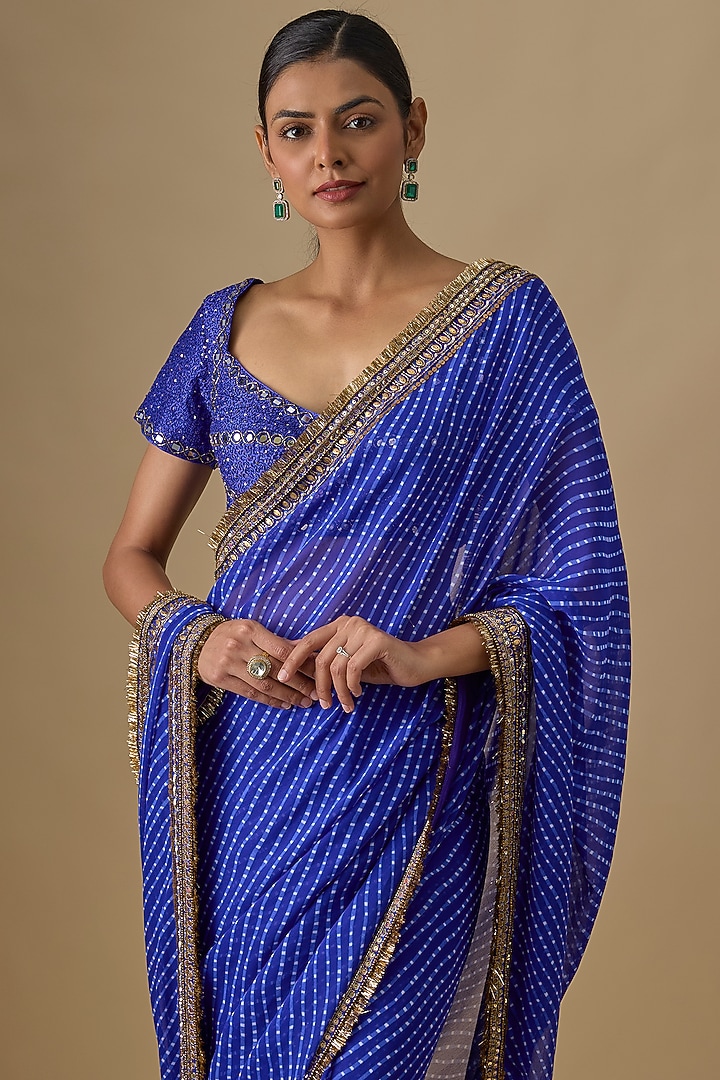 Ink Blue Georgette Sequins Hand Embroidered & Leheriya Printed Wedding Saree Set by Yoshita Couture at Pernia's Pop Up Shop