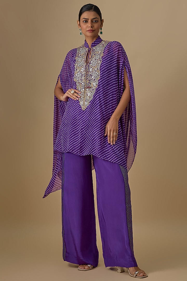 Purple Georgette Leheriya Printed & Mirror Work Kaftan Set by Yoshita Couture at Pernia's Pop Up Shop