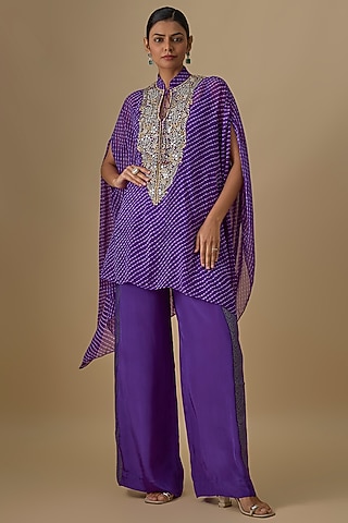 Purple Georgette Leheriya Printed & Mirror Work Kaftan Set by Yoshita Couture
