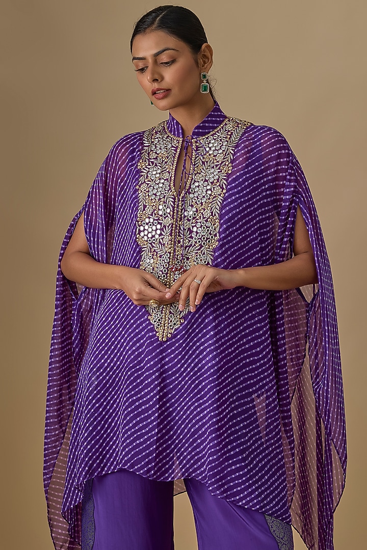 Purple Georgette Leheriya Printed & Mirror Work Kaftan Set by Yoshita Couture at Pernia's Pop Up Shop
