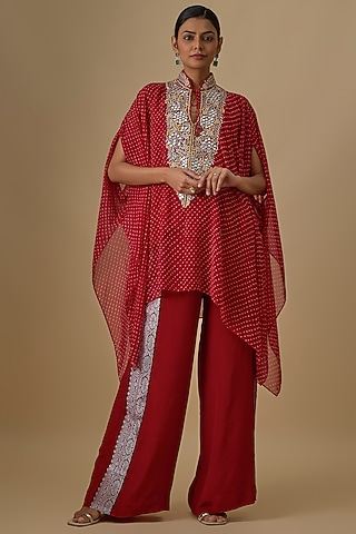 Red Georgette Leheriya Printed & Mirror Work Kaftan Set by Yoshita Couture