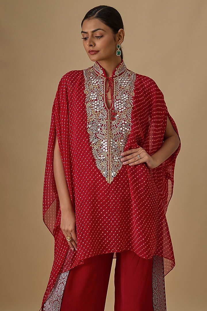 Red Georgette Leheriya Printed & Mirror Work Kaftan Set by Yoshita Couture at Pernia's Pop Up Shop