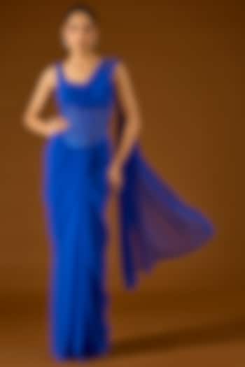 Electric Blue Georgette Pre-Draped Wedding Saree Set by Yoshita Couture at Pernia's Pop Up Shop