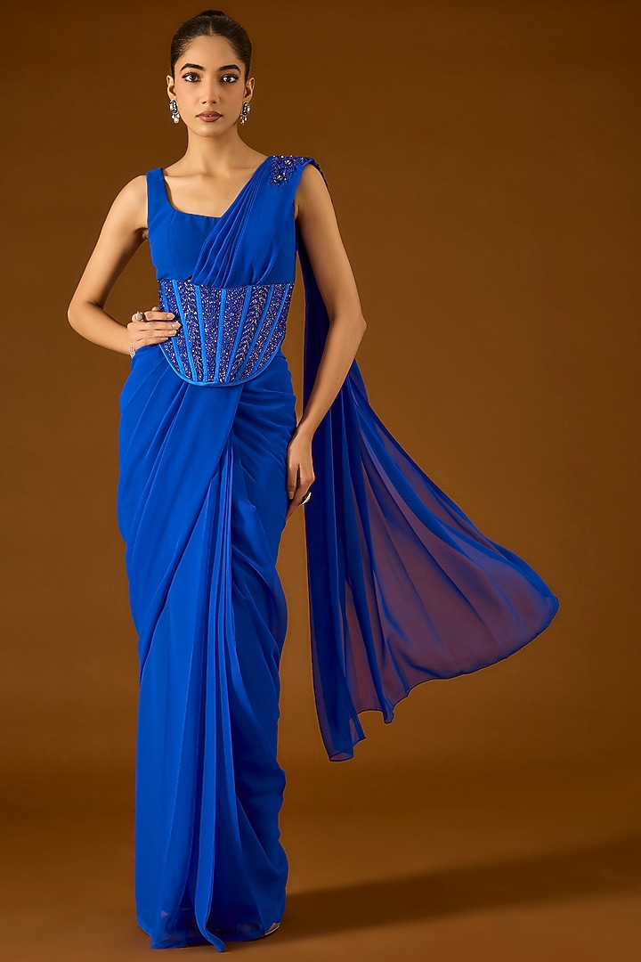Electric Blue Georgette Pre-Draped Wedding Saree Set by Yoshita Couture at Pernia's Pop Up Shop
