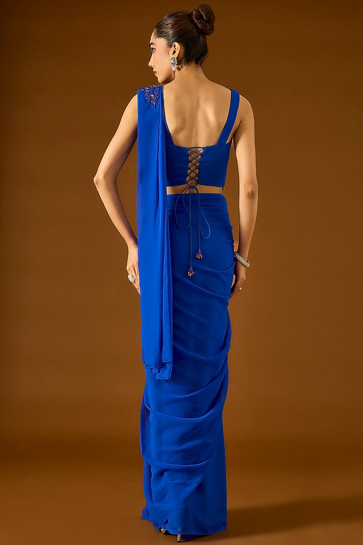 Electric Blue Georgette Pre-Draped Wedding Saree Set by Yoshita Couture at Pernia's Pop Up Shop
